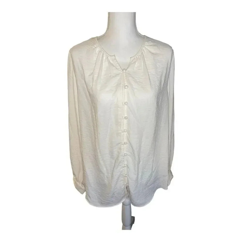 NEW Women's XL Cream Nine‎ West Button Front Balloon Sleeve Tunic